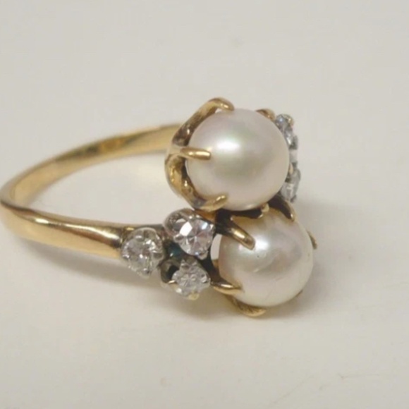 Estate 14K Akoya Pearls Diamond Ring Size 6 - Picture 3 of 12